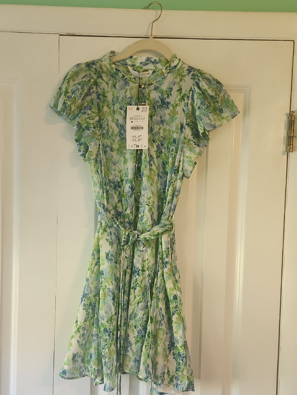 Zara Green & Blue Floral Tie-Waist Mini Dress